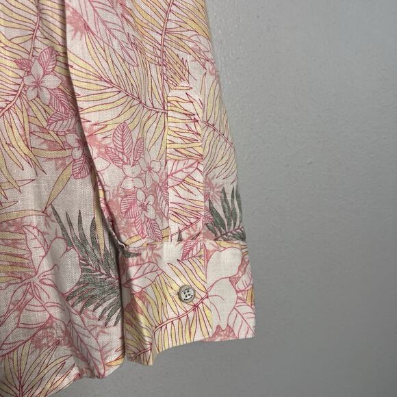 Tommy Bahama Women's L Linen Button Up Shirt Roll Tab Coral Pink Floral Vacation - Picture 5 of 14